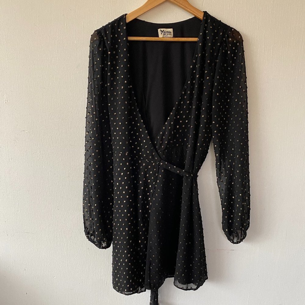 Show Me Your Mumu Wrap Dress Womens Medium Black Gold‎ Polka Dots NYE Holiday